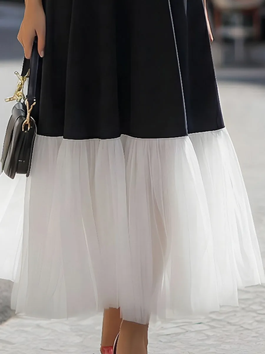 Sleeveless Contrast Collar Mesh Hem Midi Dress sold by Mooyius product image thumbnail 3