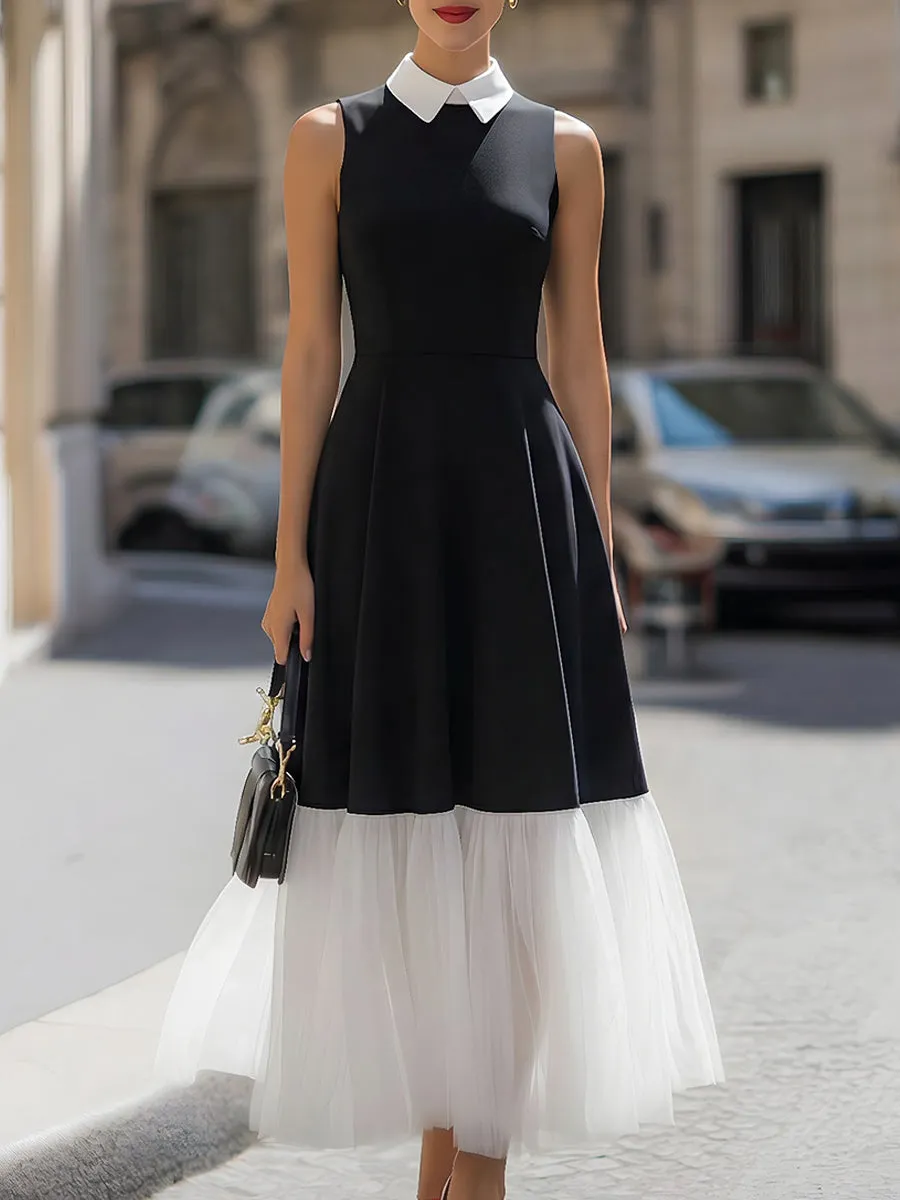 Sleeveless Contrast Collar Mesh Hem Midi Dress sold by Mooyius