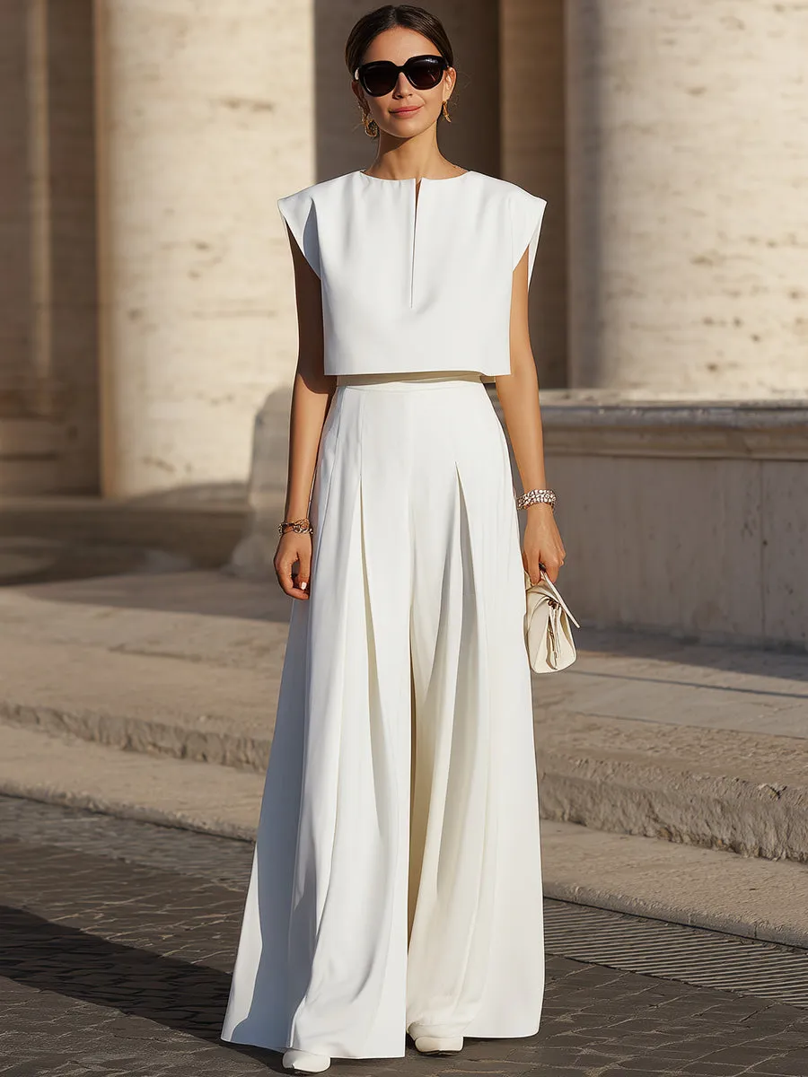 Minimalist Cropped Top & Wide-Leg Pleated Pants Set sold by Mooyius product image thumbnail 2