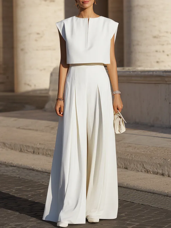Minimalist Cropped Top & Wide-Leg Pleated Pants Set made by Mooyius