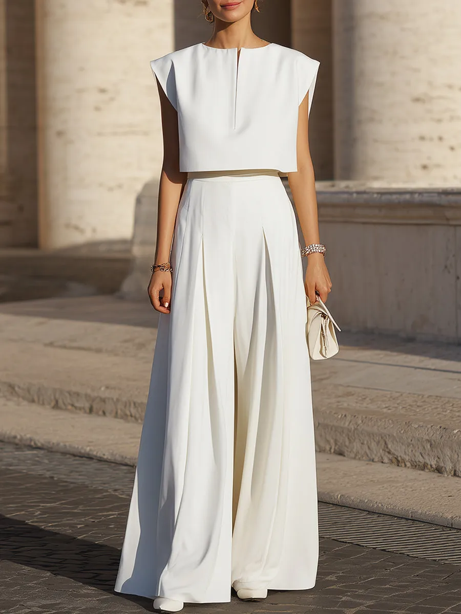 Minimalist Cropped Top & Wide-Leg Pleated Pants Set sold by Mooyius