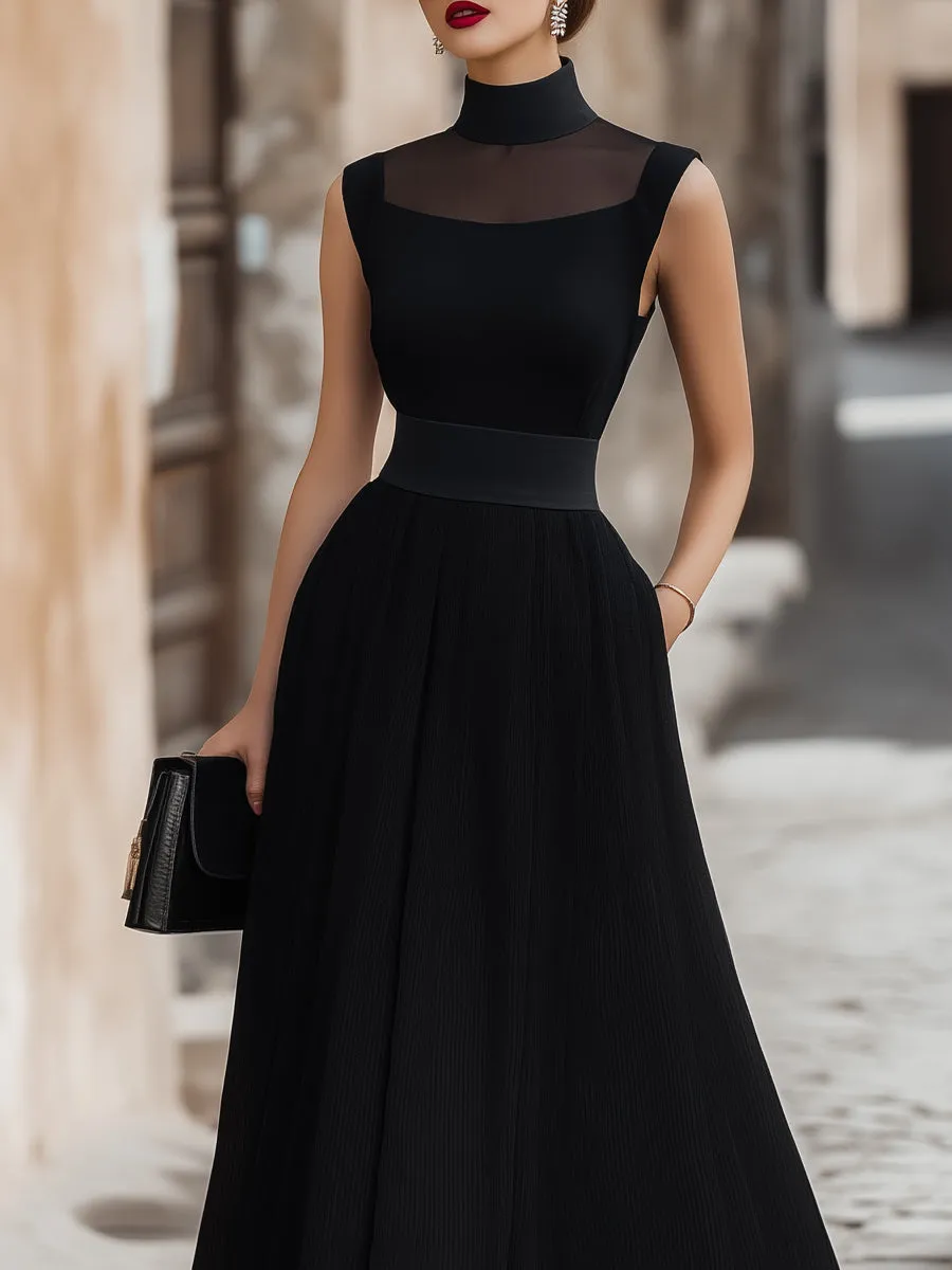 Sheer Yoke High Neck Sleeveless A-Line Maxi Dress sold by Mooyius product image thumbnail 2