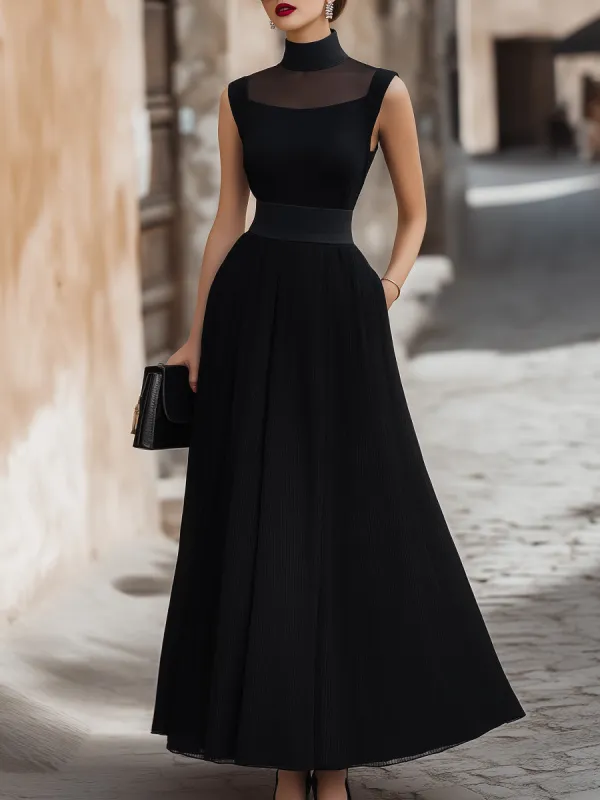 Sheer Yoke High Neck Sleeveless A-Line Maxi Dress made by Mooyius
