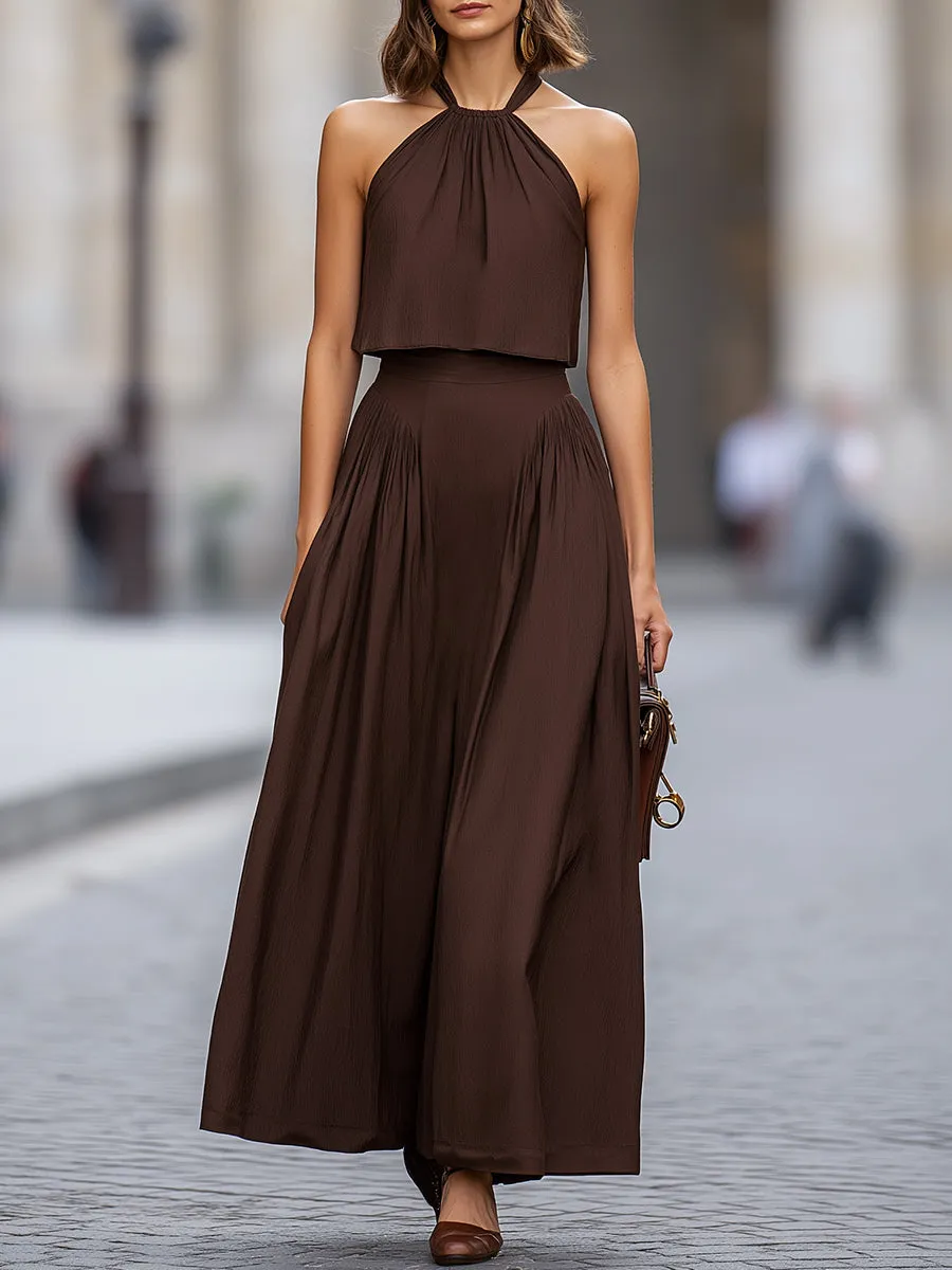 Halter Neck Cropped Top & Pleated Wide-Leg Pants Set sold by Mooyius product image thumbnail 2