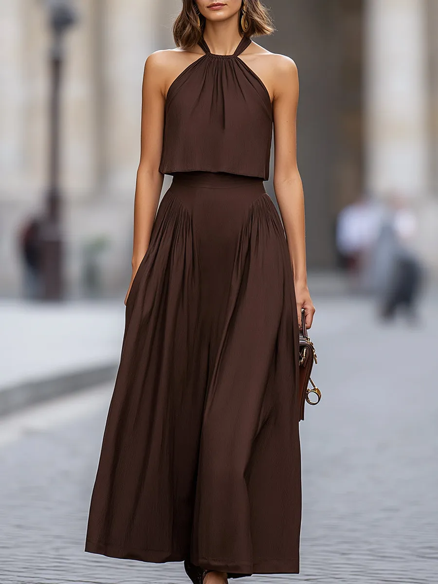 Halter Neck Cropped Top & Pleated Wide-Leg Pants Set sold by Mooyius