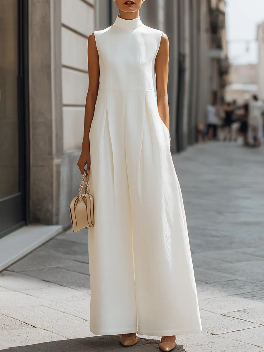Sleeveless High-Neck Pleated Wide-Leg Jumpsuit sold by Mooyius