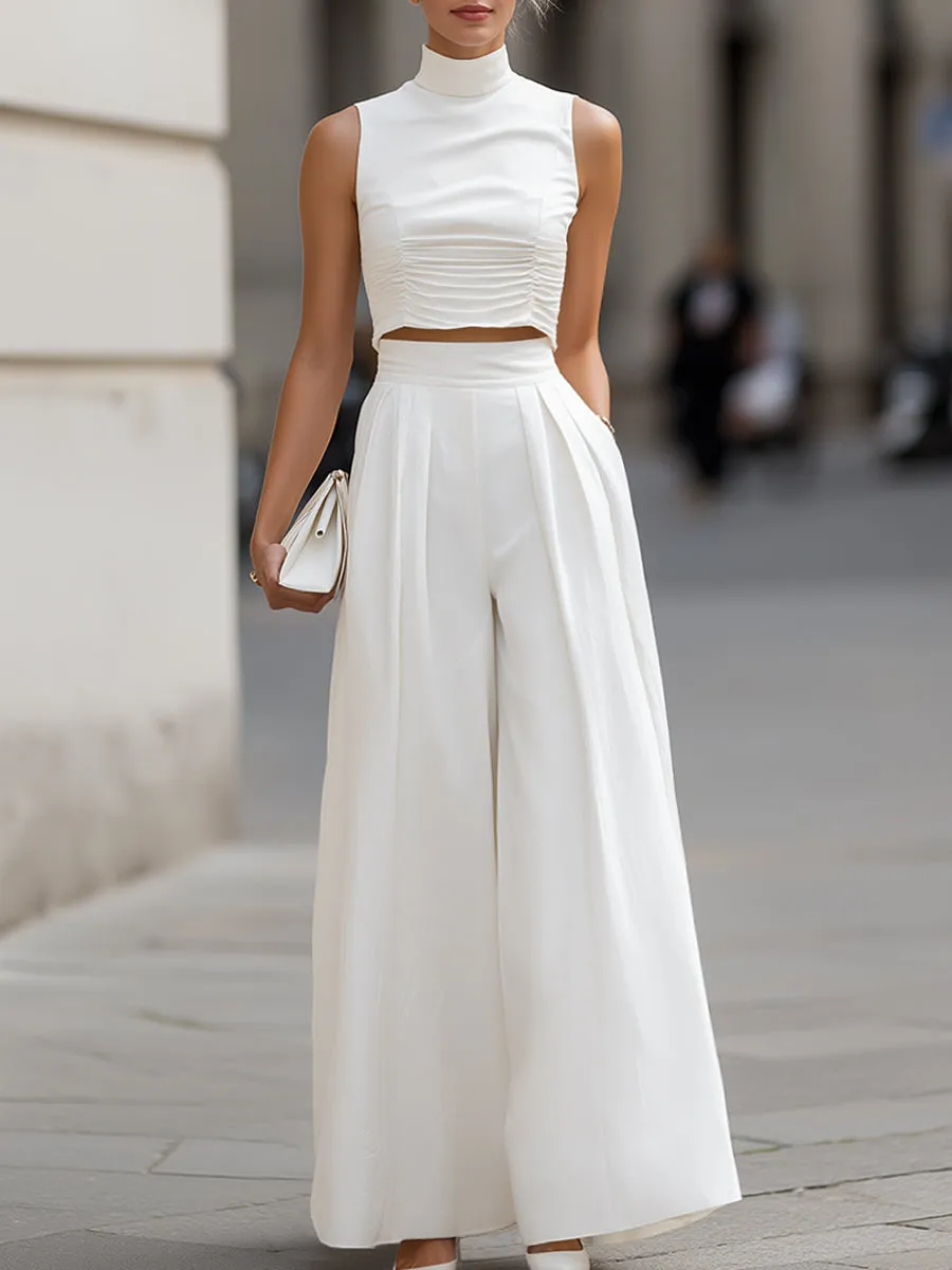 Mock Neck Ruched Crop Top & Wide-Leg Pants Set sold by Mooyius