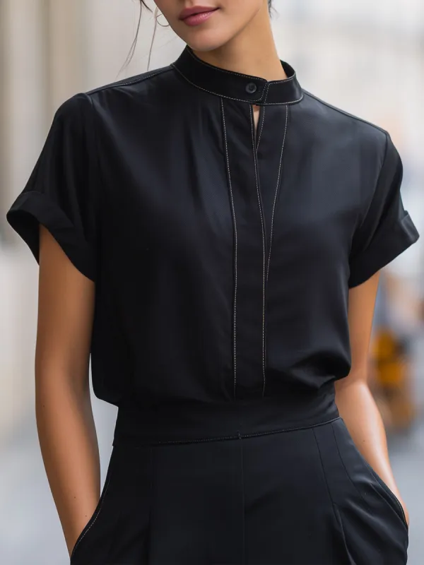 Minimalist Stand Collar Keyhole Detail Short Sleeve Top made by Mooyius