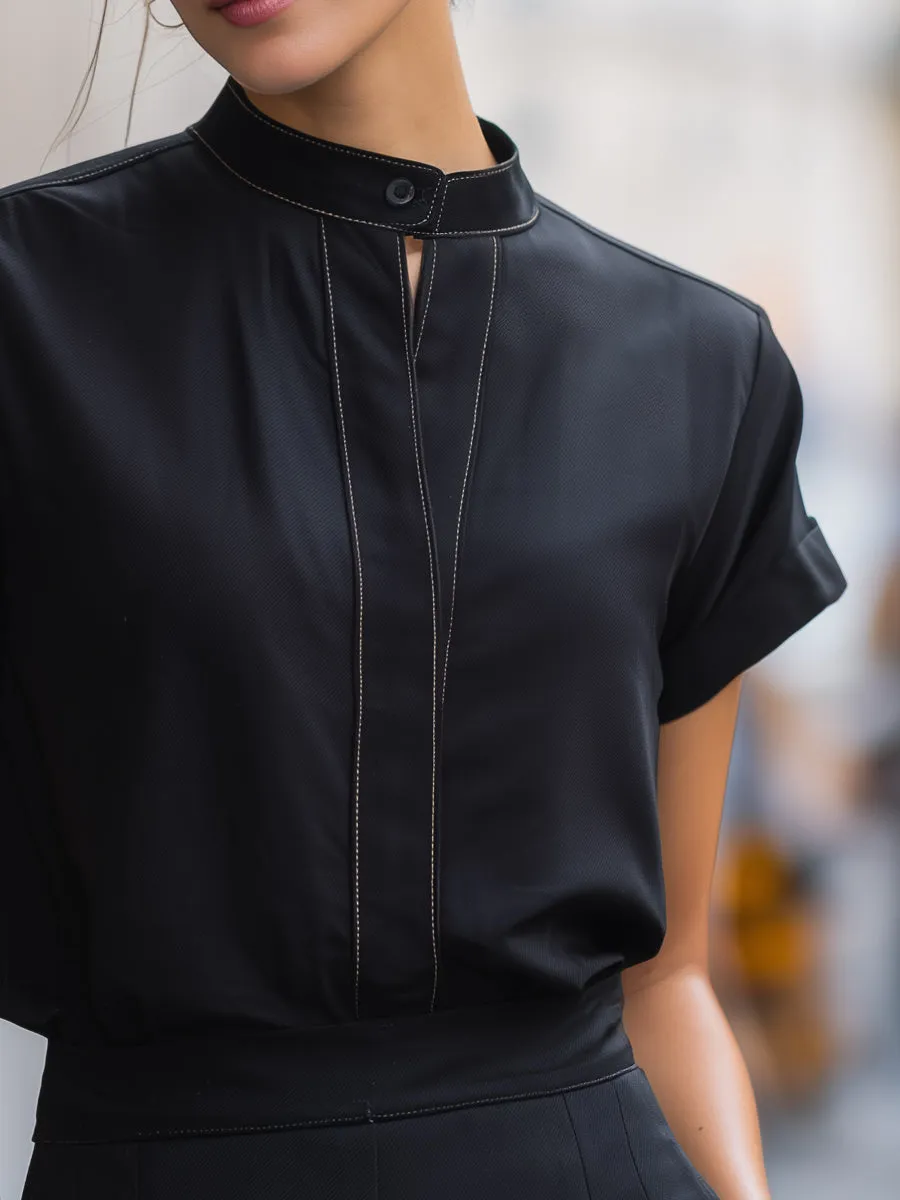 Minimalist Stand Collar Keyhole Detail Short Sleeve Top sold by Mooyius product image thumbnail 3