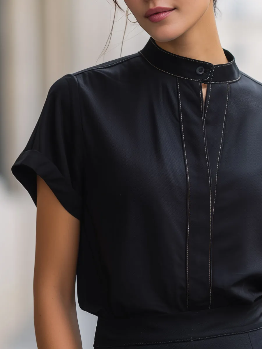 Minimalist Stand Collar Keyhole Detail Short Sleeve Top sold by Mooyius product image thumbnail 2