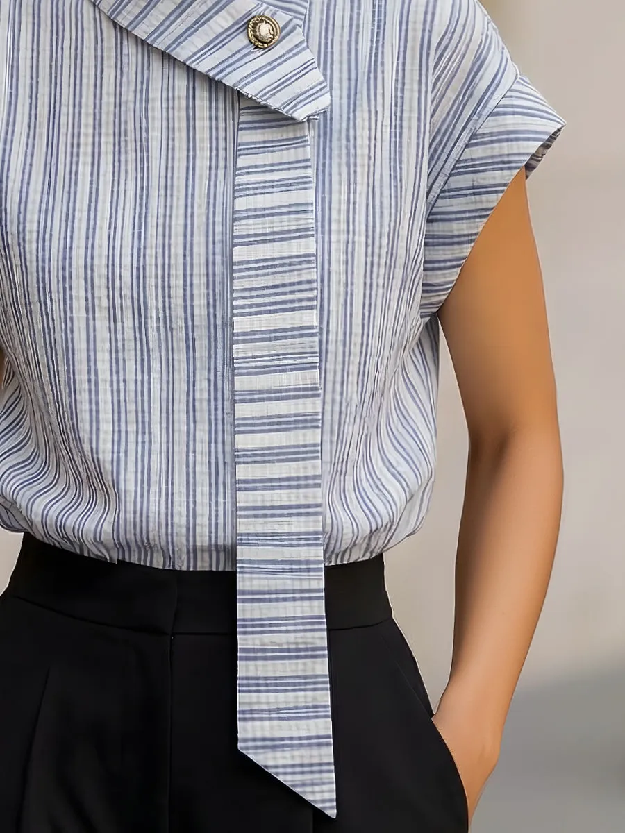 Asymmetric Collar Striped Draped Short Sleeve Top sold by Mooyius product image thumbnail 3