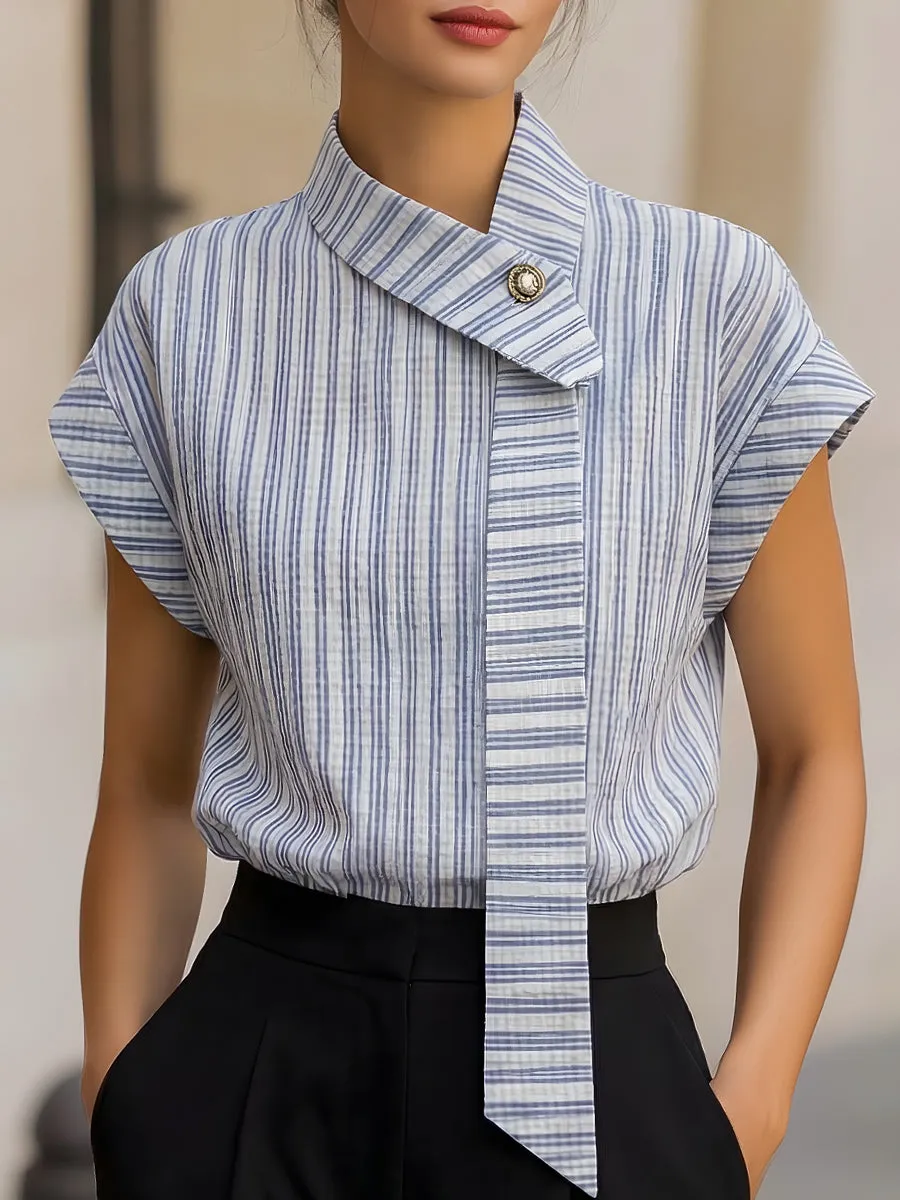 Asymmetric Collar Striped Draped Short Sleeve Top sold by Mooyius