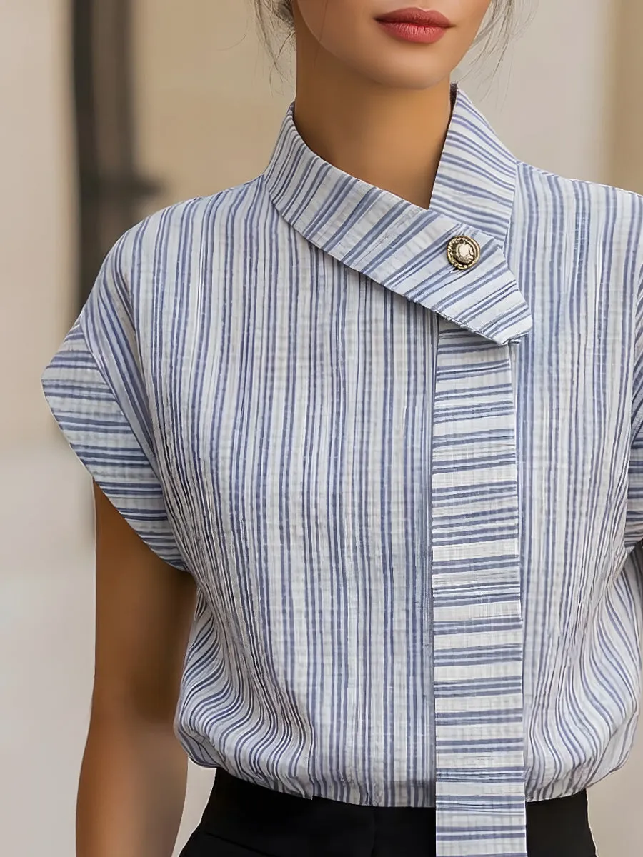 Asymmetric Collar Striped Draped Short Sleeve Top sold by Mooyius product image thumbnail 2