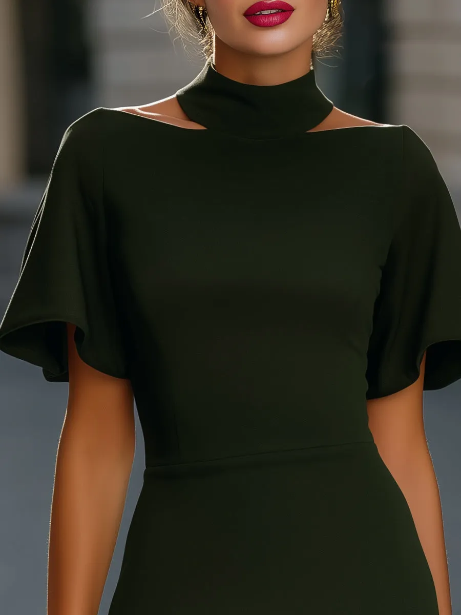 High Neck Cutout Flutter Sleeve Fitted Midi Dress sold by Mooyius product image thumbnail 2