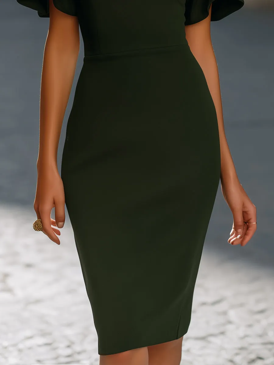 High Neck Cutout Flutter Sleeve Fitted Midi Dress sold by Mooyius product image thumbnail 3