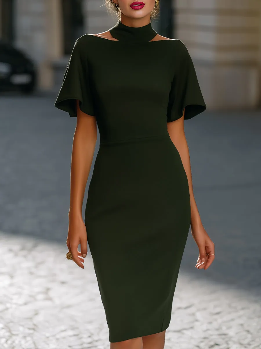 High Neck Cutout Flutter Sleeve Fitted Midi Dress sold by Mooyius