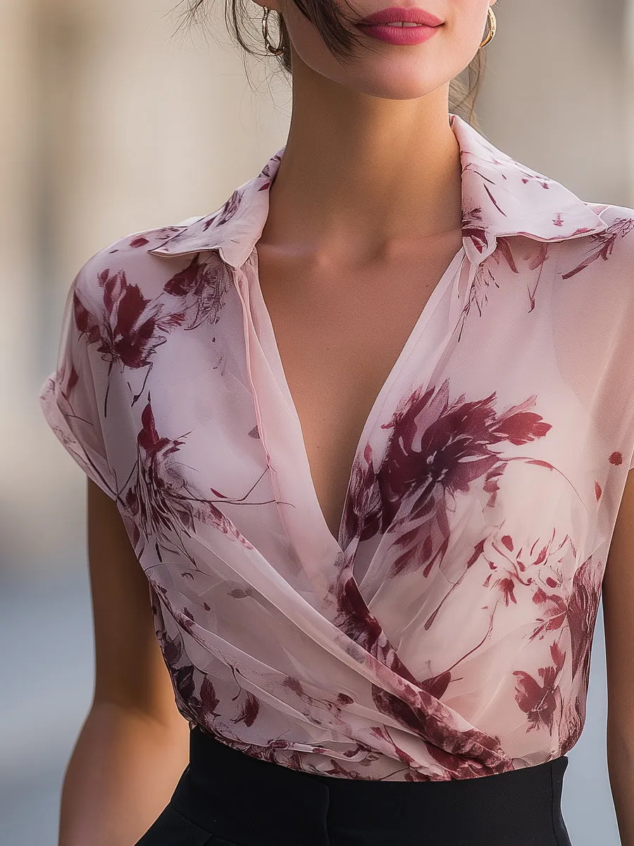 Floral Print Draped Wrap Collar Short Sleeve Blouse sold by Mooyius product image thumbnail 2