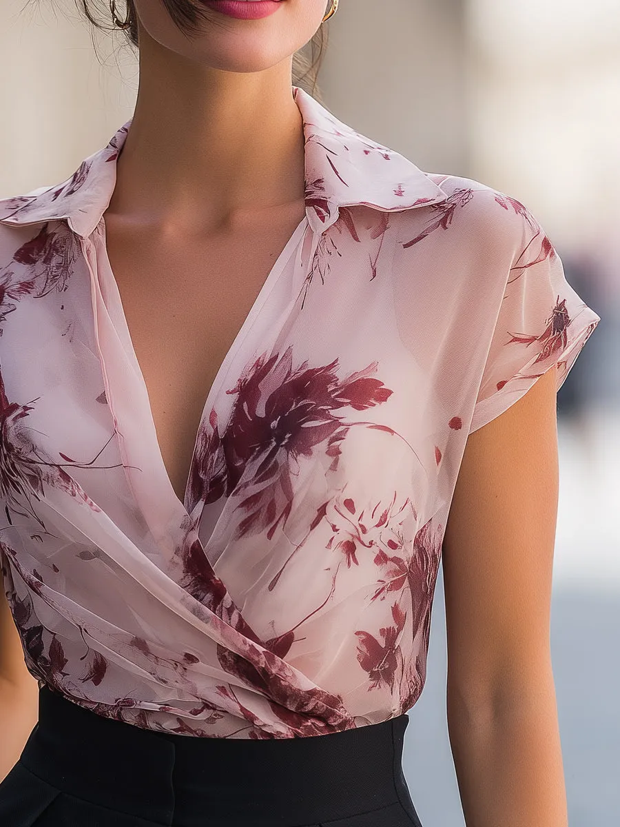 Floral Print Draped Wrap Collar Short Sleeve Blouse sold by Mooyius product image thumbnail 3