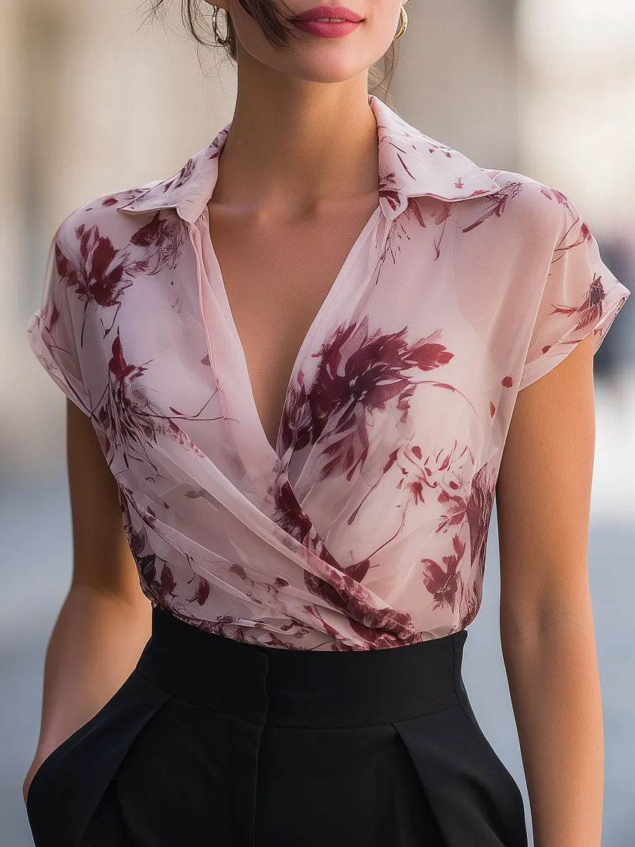 Floral Print Draped Wrap Collar Short Sleeve Blouse sold by Mooyius