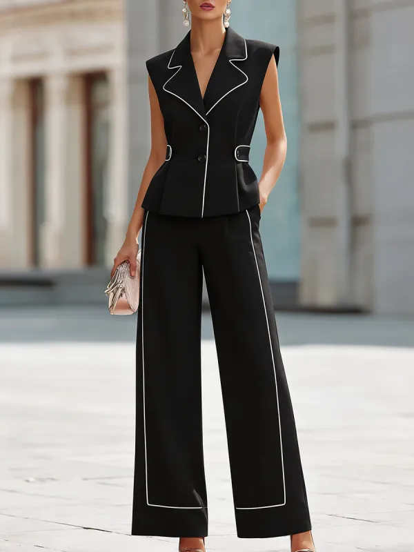 Sleeveless Blazer Vest & Wide-Leg Pants Two-Piece Set made by Mooyius