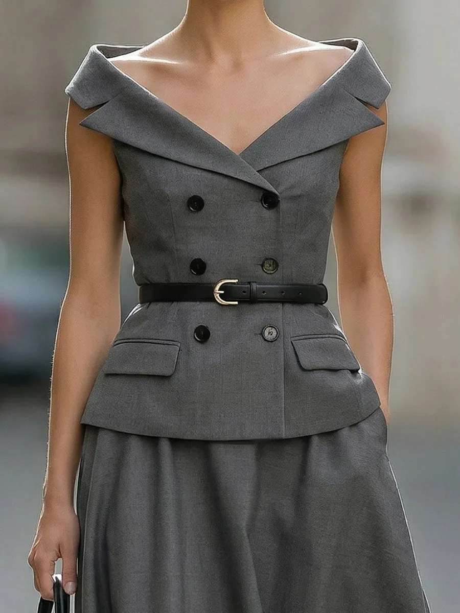 Off-Shoulder Double-Breasted Belted Midi Dress sold by Mooyius product image thumbnail 3
