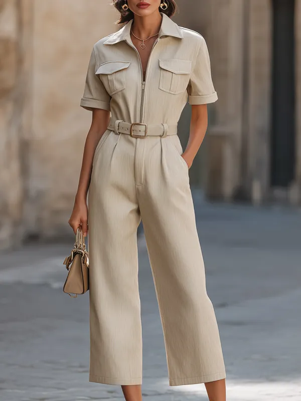 Elegant Utility Wide Leg Jumpsuit, Zip Front Pocket Belted Short Sleeve Overall made by Mooyius