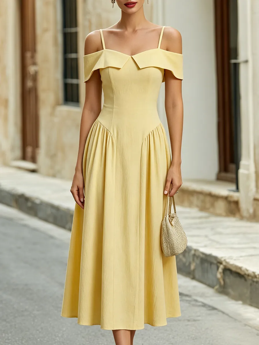 Elegant Off-the-Shoulder Midi Dress, Sweetheart Neckline Flared A-Line Sundress sold by Mooyius