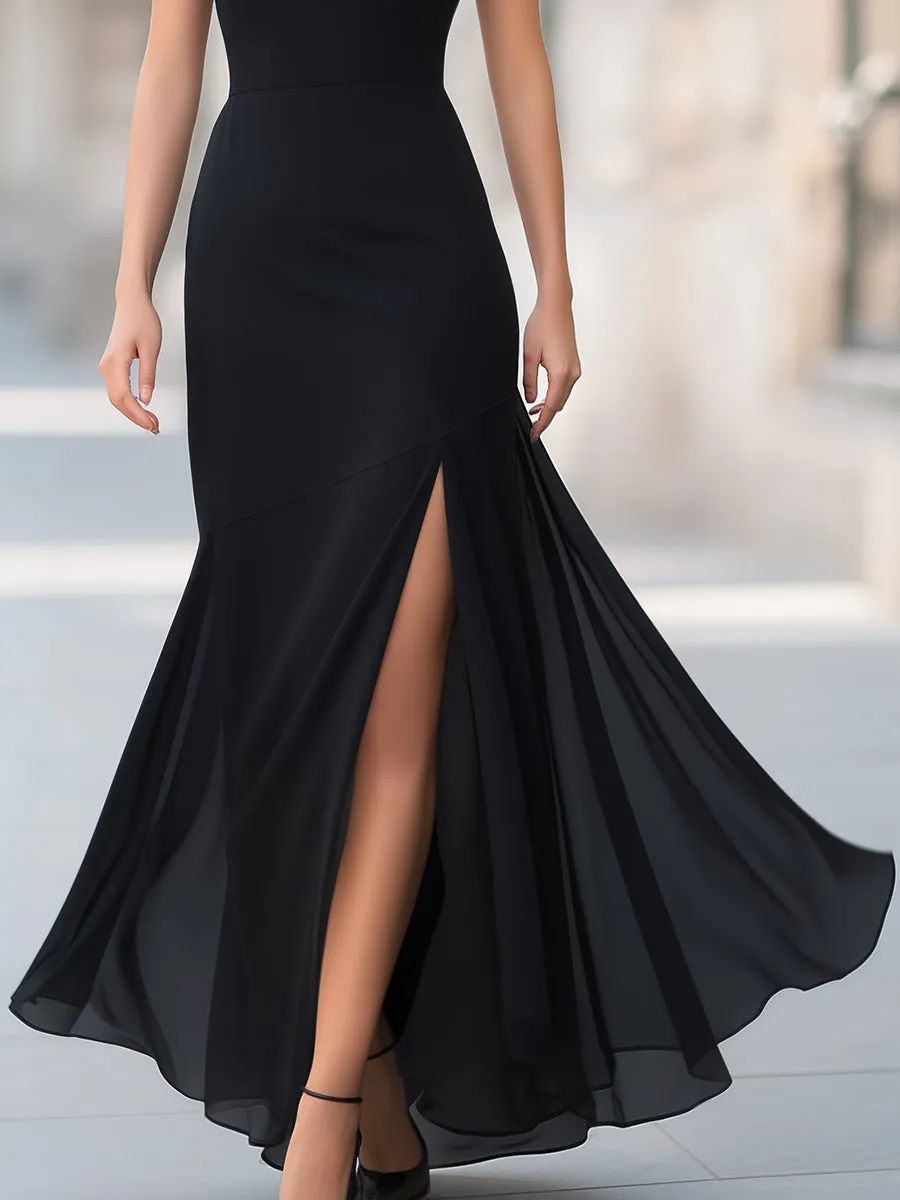 High-Neck Asymmetric Slit Flowing Maxi Dress sold by Mooyius product image thumbnail 3