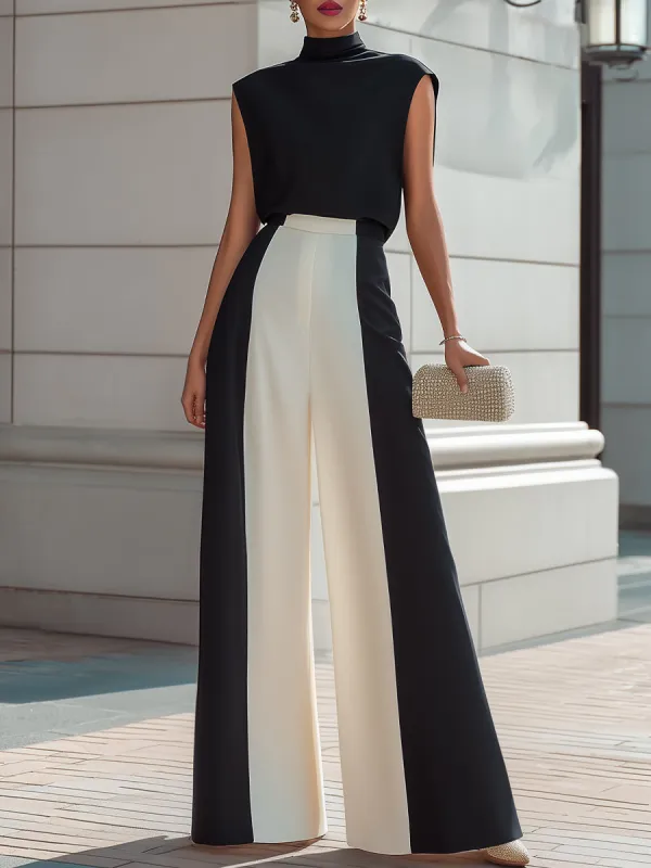 High-Neck Sleeveless Top & Contrast Wide-Leg Pants Set made by Mooyius