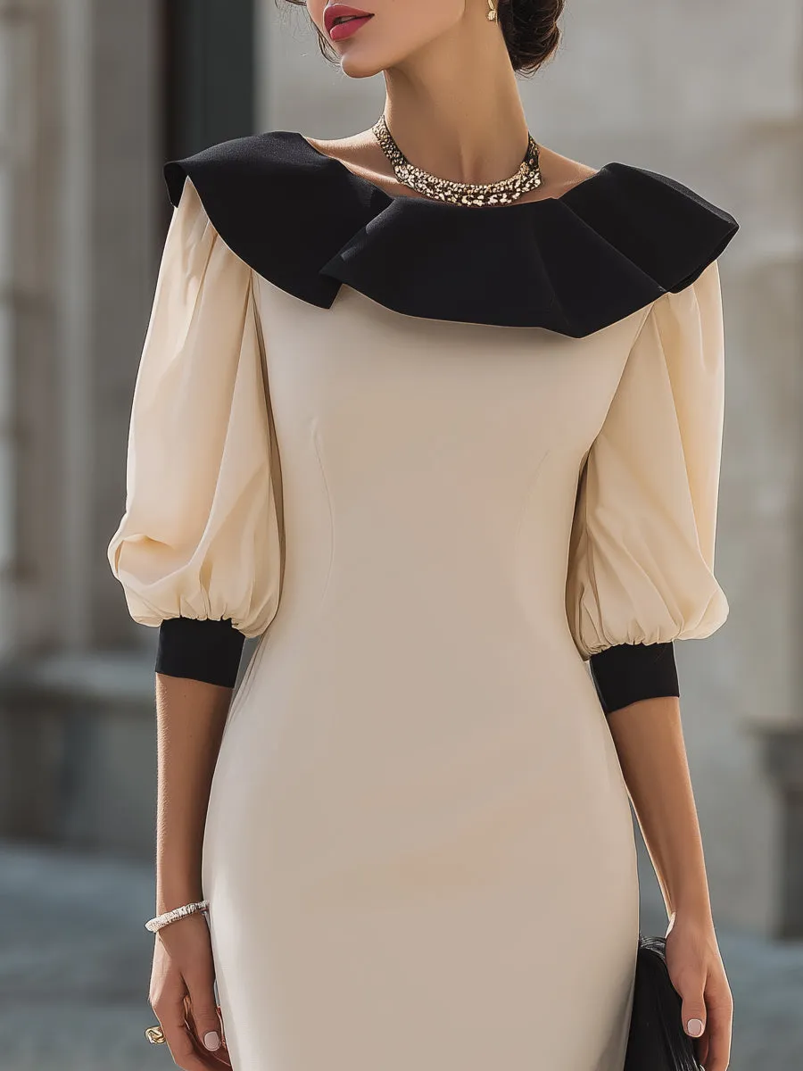 Contrast Ruffle Collar Puff Sleeve Midi Dress sold by Mooyius product image thumbnail 2