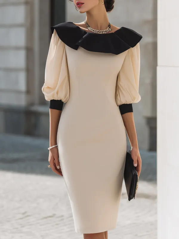 Contrast Ruffle Collar Puff Sleeve Midi Dress made by Mooyius