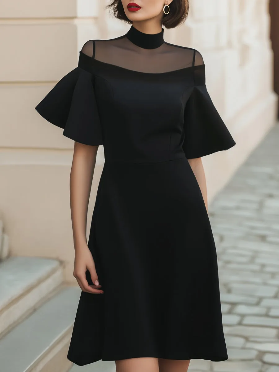 Sheer Yoke Off-Shoulder Flare Sleeve Mini Dress sold by Mooyius