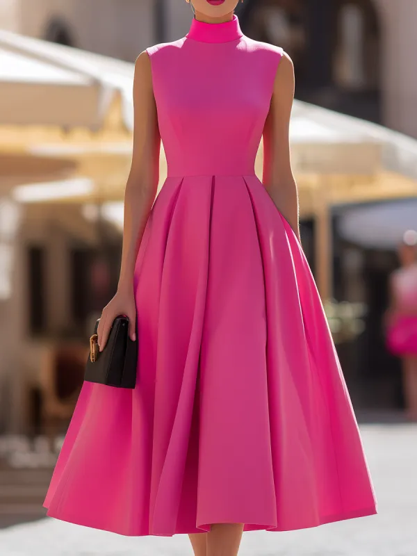 Hot Pink High Neck Sleeveless Pleated Flared A-Line Midi Dress made by Something Navy