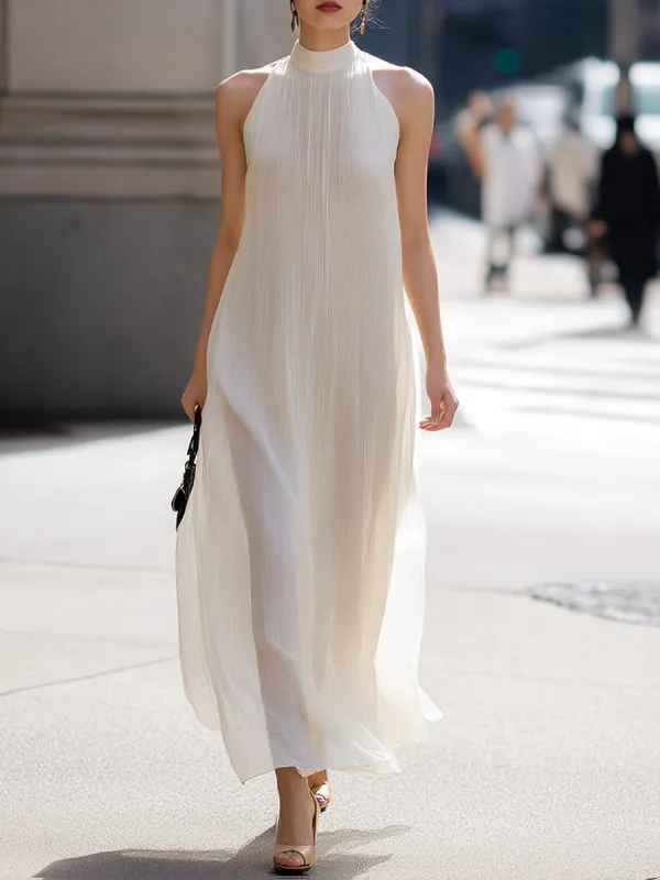 Halter High-Neck Pleated Flowing Maxi Dress made by Mooyius