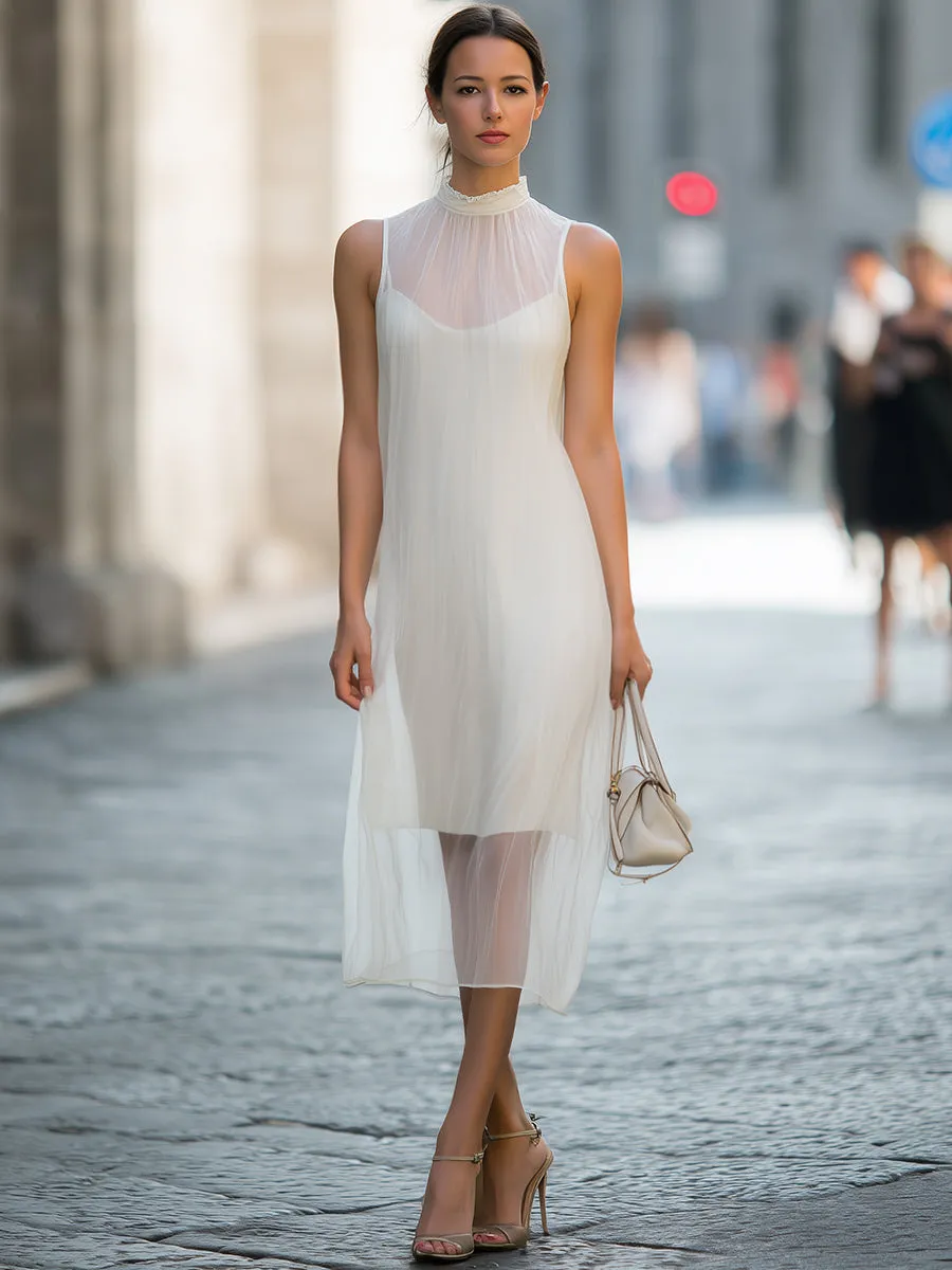 Sheer High-Neck Pleated Midi Dress sold by Mooyius product image thumbnail 2