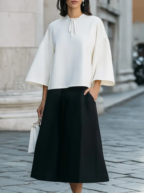 Tie-Neck Cape Sleeve Top & A-Line Midi Skirt Set made by Mooyius