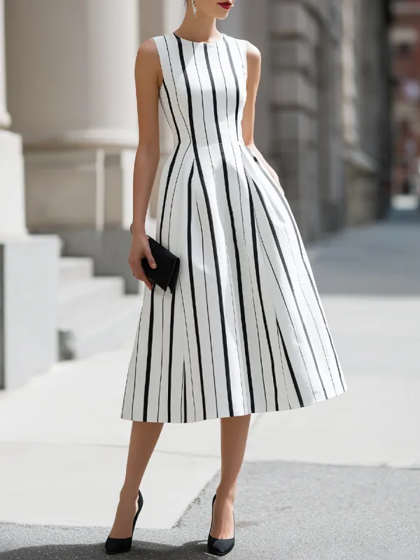 Sleeveless Vertical Stripe A-Line Midi Dress made by Mooyius
