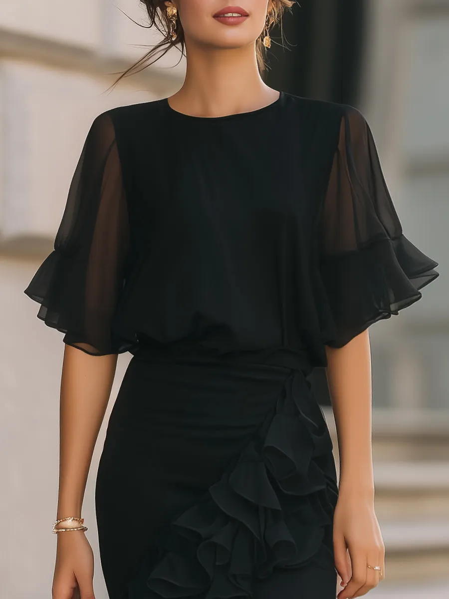 Sheer Flutter Sleeve Blouse & Asymmetric Ruffle Skirt Set sold by Mooyius product image thumbnail 2