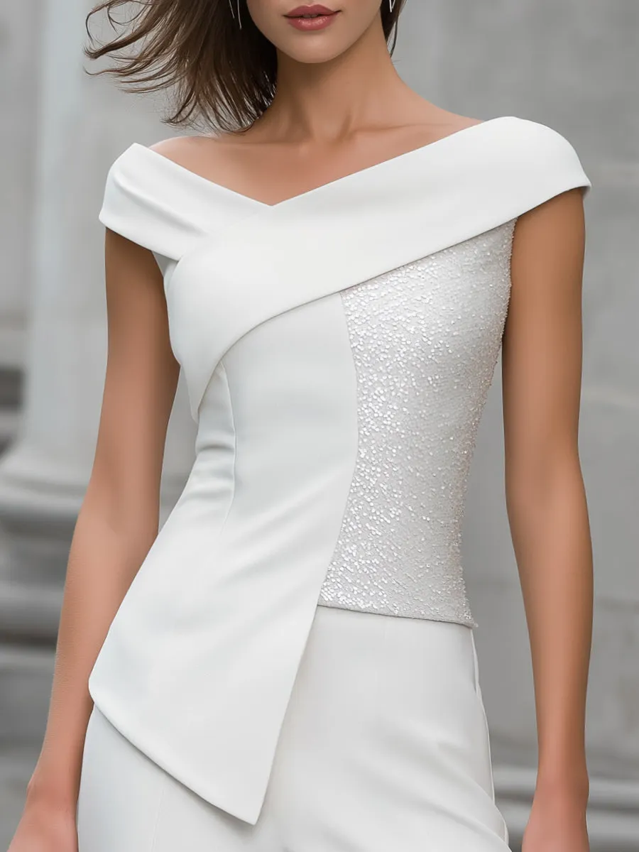 Asymmetric Off-Shoulder Sequin Panel Structured Top sold by Mooyius