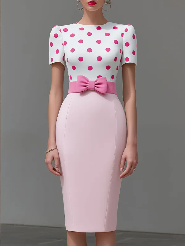 Polka Dot Bow Waist Tailored Midi Sheath Dress made by Mooyius