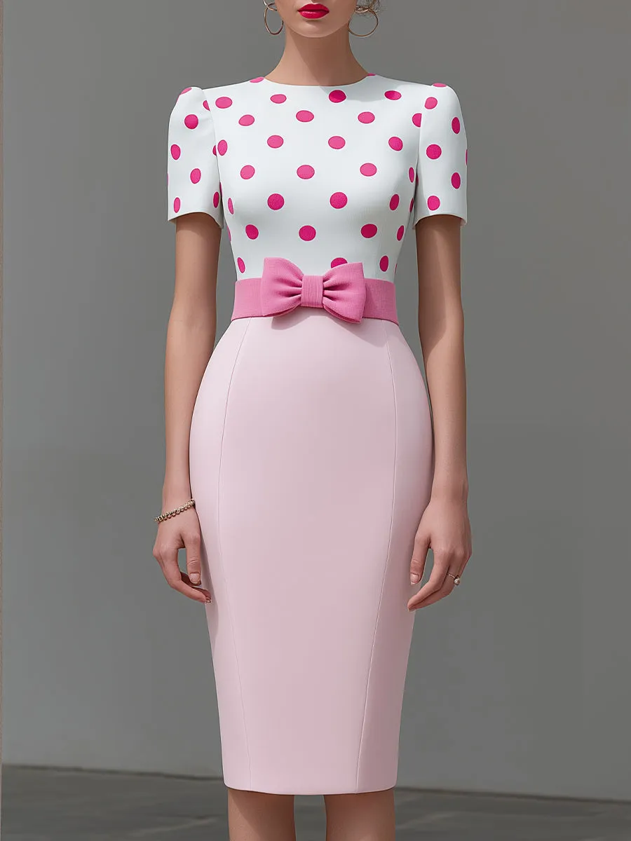 Polka Dot Bow Waist Tailored Midi Sheath Dress sold by Mooyius