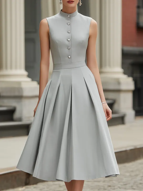 High Neck Button Front Pleated A-Line Midi Dress made by Mooyius