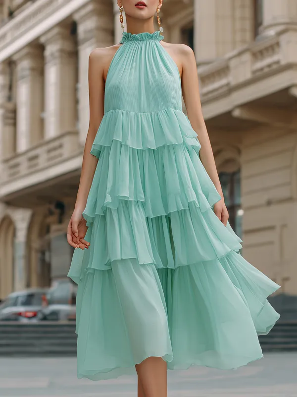 Halter Neck Tiered Ruffle Flowing Midi Dress made by Mooyius