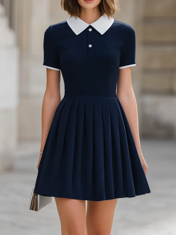 Navy Blue Contrast Collar Polo Neck Pleated Flared A-Line Mini Dress made by Something Navy