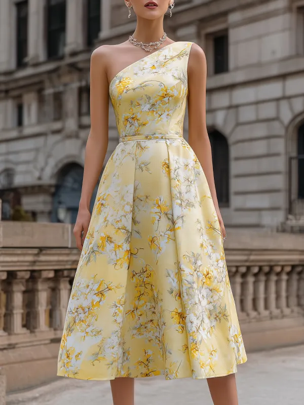 One-Shoulder Floral Print A-Line Midi Dress made by Mooyius