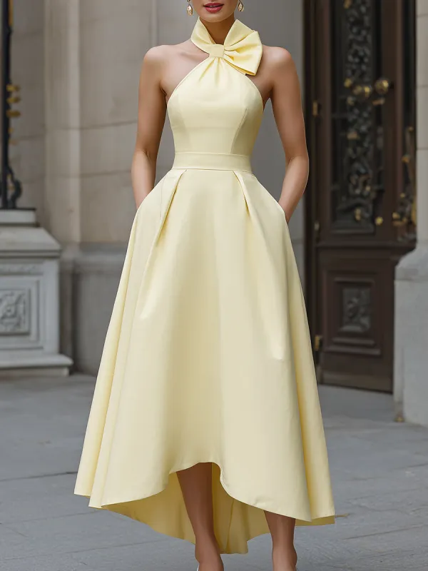 Halter Neck Bow Detail High-Low A-Line Maxi Dress made by Mooyius