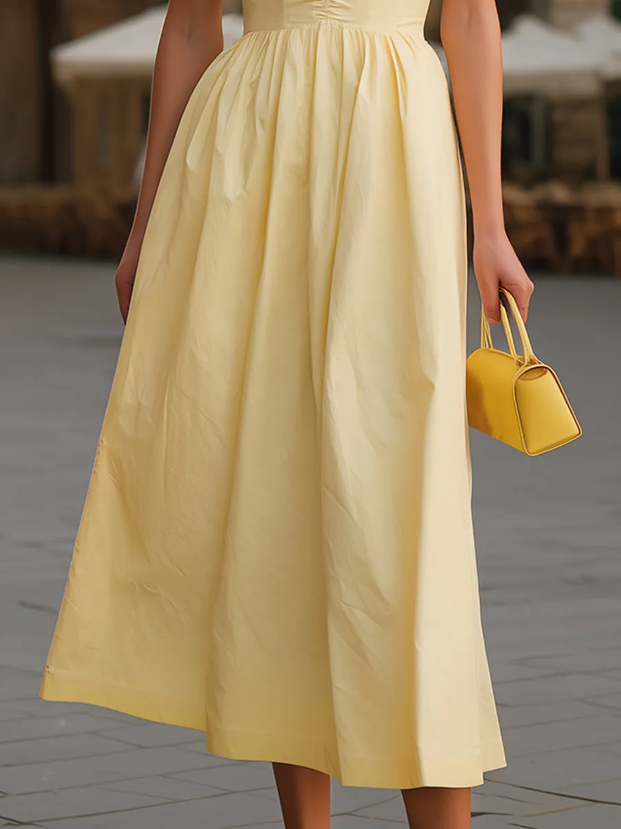 Pale Yellow Spaghetti Strap Ruched Bust Flared A-Line Midi Dress sold by Mooyius product image thumbnail 3
