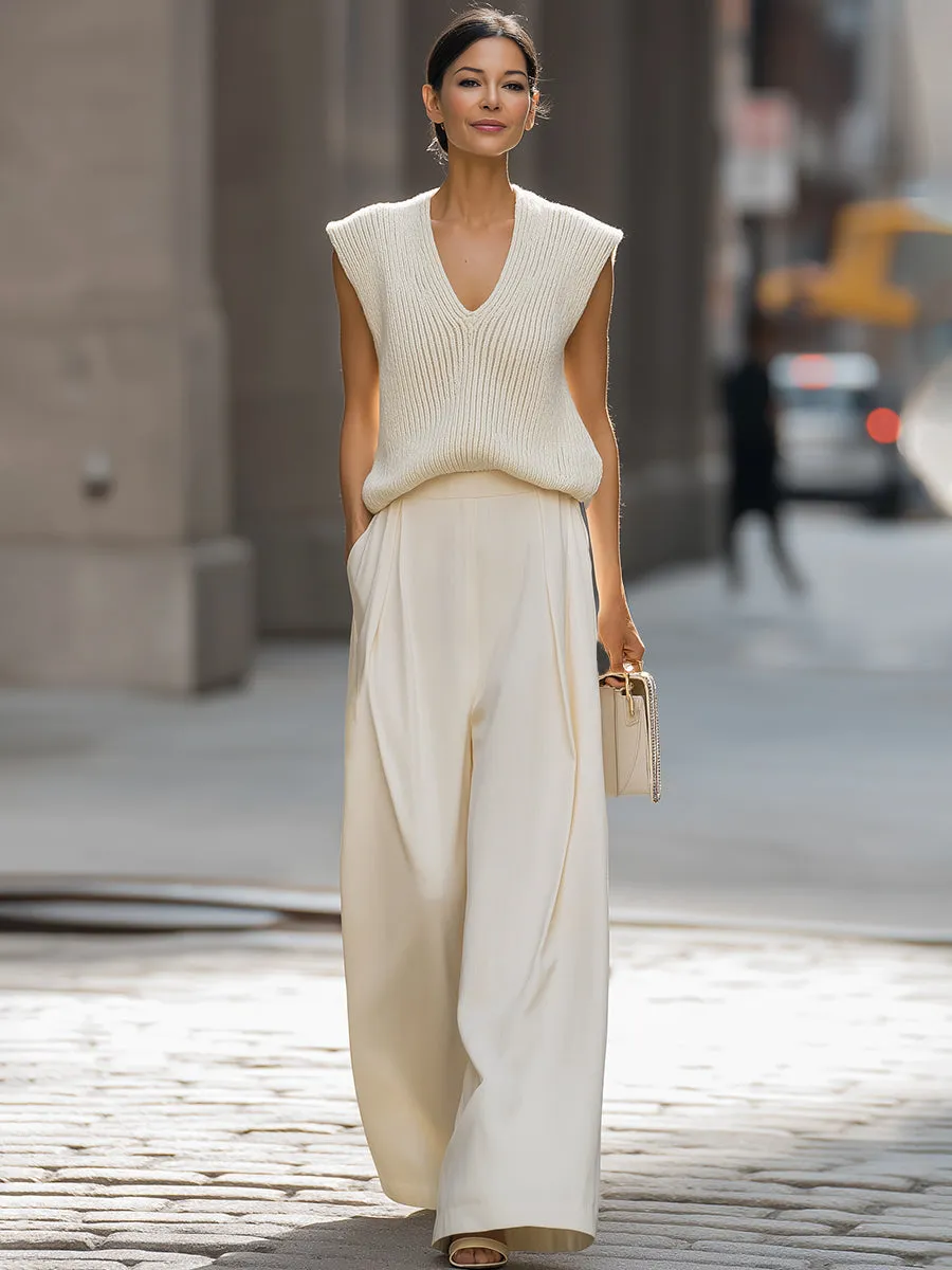 Relaxed V-Neck Knit Vest & Wide-Leg Trousers Set sold by Mooyius product image thumbnail 3