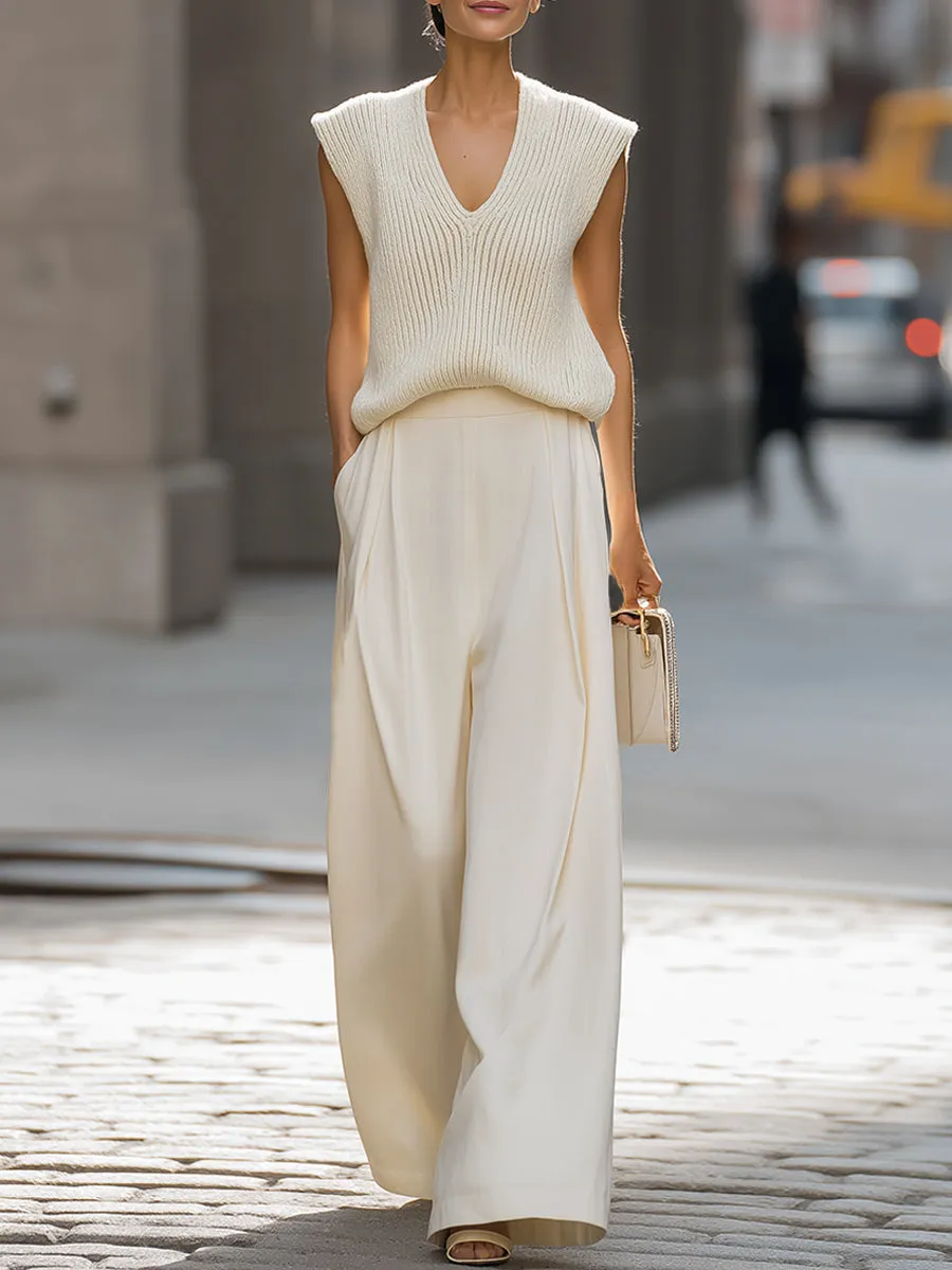 Relaxed V-Neck Knit Vest & Wide-Leg Trousers Set sold by Mooyius