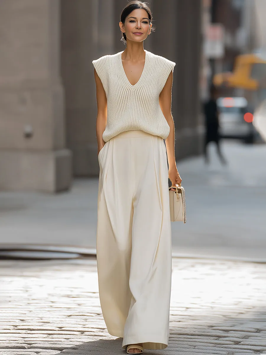 Relaxed V-Neck Knit Vest & Wide-Leg Trousers Set sold by Mooyius product image thumbnail 2